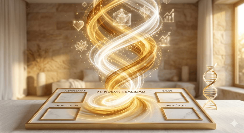 Representación del método de transformación cuántica de Montserrat Oliveros con panel de visión en tonos dorados y blancos.