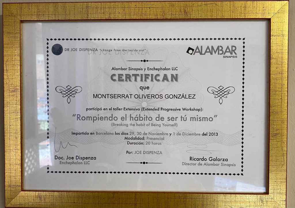 Montserrat Oliveros formación avanzada Dr Joe Dispenza diciembre 2013 nivel experto.