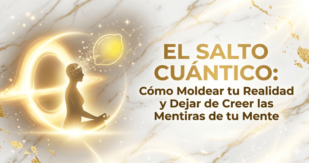Ilustración conceptual de un salto cuántico para moldear la realidad, con una persona meditando y símbolos de energía y limones, en colores blanco y dorado.