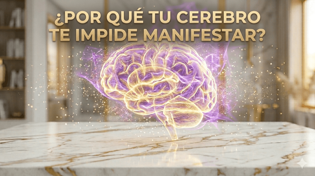 Representación realista de neuroplasticidad y campo cuántico en tonos blanco, dorado y lila para Meditar y Éxito